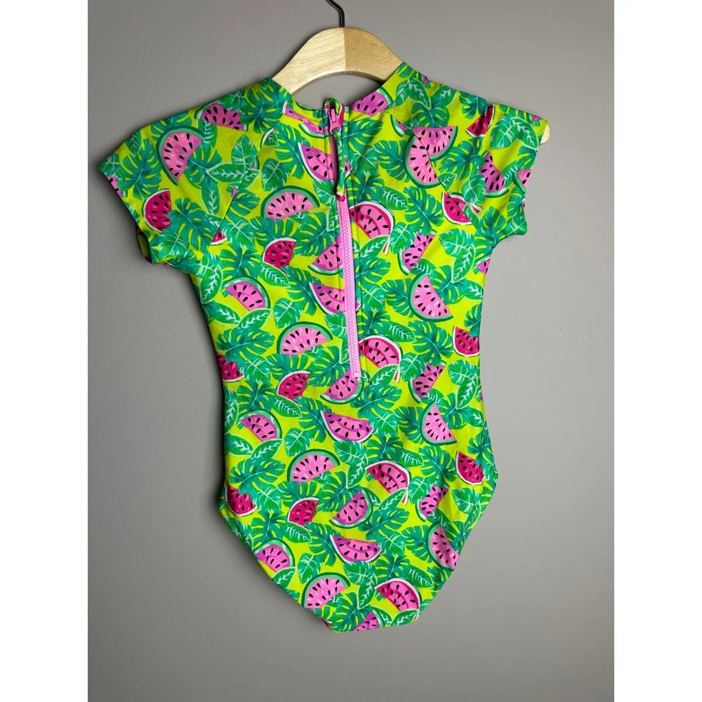 Cat & Jack Girls Watermelon Tropical Rash Guard One Piece Swimsuit Green L 10/12
